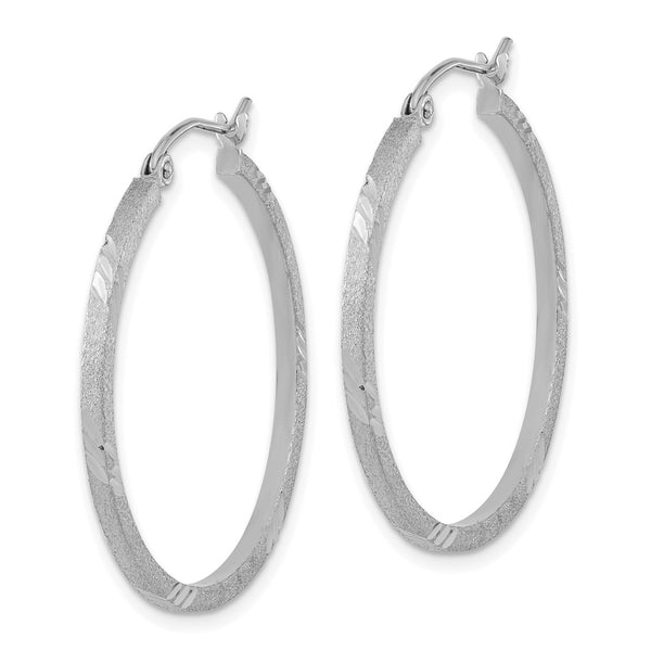 14k White Gold Satin Diamond-cut Square Tube Hoop Earrings