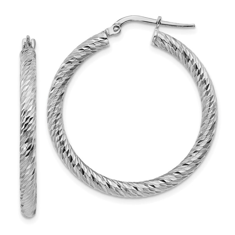 14k 3x32mm White Gold Diamond-cut Round Hoop Earrings