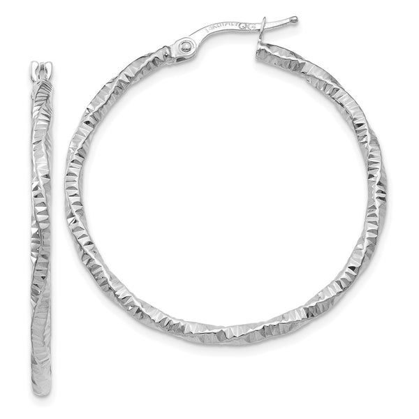 14K White Gold Polished and Textured Hoop Earrings