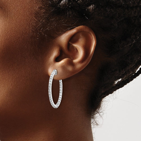 14k White Gold Diamond Round Hoop w/Safety Clasp Earrings