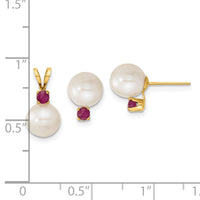 14k 7-8mm White FW Cultured Pearl & Ruby Stud Earrings & Pendant