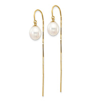 14k 7-8mm White Rice FW Cultured Pearl Box Chain Threader Earrings
