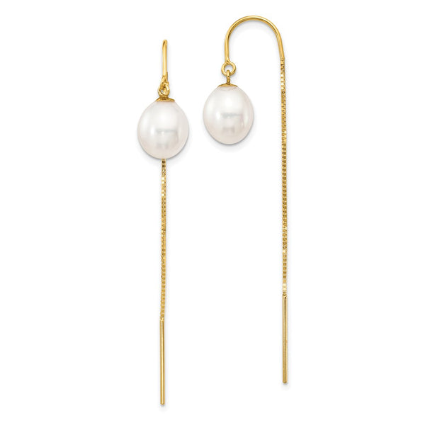 14k 7-8mm White Rice FW Cultured Pearl Box Chain Threader Earrings