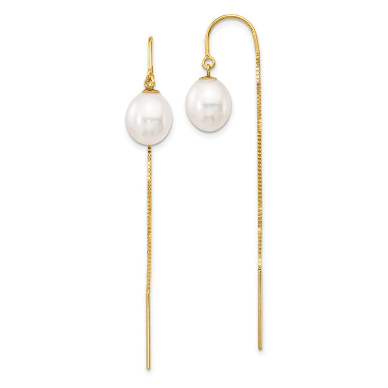 14k 7-8mm White Rice FW Cultured Pearl Box Chain Threader Earrings
