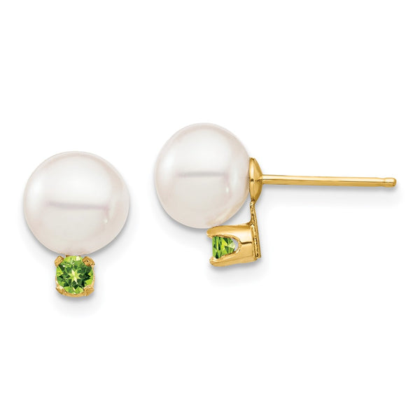 14K 7-7.5mm White Round Freshwater Cultured Pearl Peridot Post Earrings