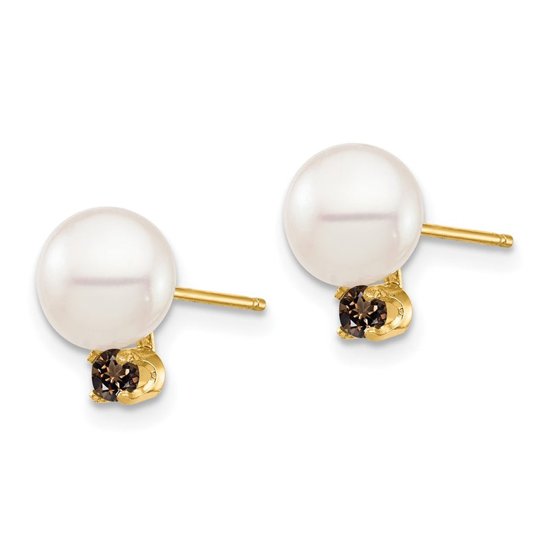 14K 7-7.5mm White Round FW Cultured Pearl Smokey Quartz Post Earrings