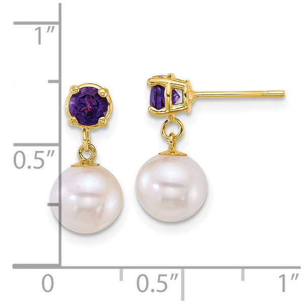 14k 7-8mm Round White FWC Pearl and Amethyst Post Dangle earrings