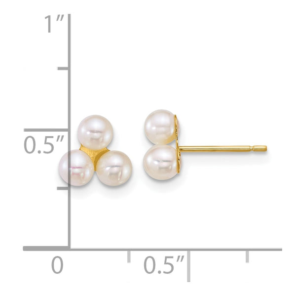 14k 3-4mm Button White Freshwater Cultured 3 Pearl Post Earrings