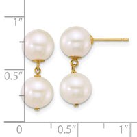 14k 7-8mm Round White FW Cultured 2 Pearl Dangle Post Earrings