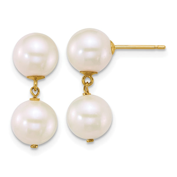 14k 7-8mm Round White FW Cultured 2 Pearl Dangle Post Earrings