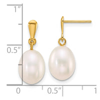 14k 8-9mm Rice White Freshwater Cultured Pearl Post Dangle Earrings