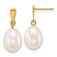 14k 8-9mm Rice White Freshwater Cultured Pearl Post Dangle Earrings