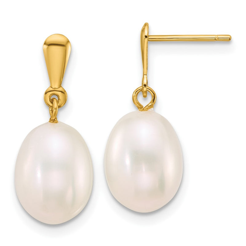 14k 8-9mm Rice White Freshwater Cultured Pearl Post Dangle Earrings