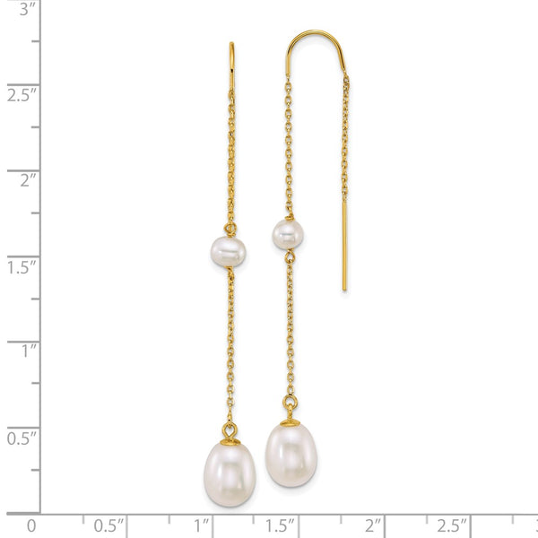 14k Near-Round/Teardrop White Freshwater Cultured Pearl Threader Earrings