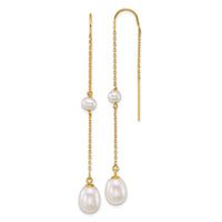 14k Near-Round/Teardrop White Freshwater Cultured Pearl Threader Earrings