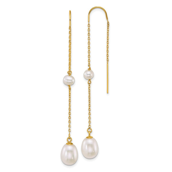 14k Near-Round/Teardrop White Freshwater Cultured Pearl Threader Earrings