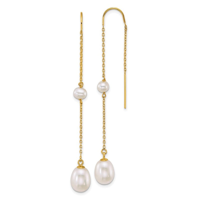 14k Near-Round/Teardrop White Freshwater Cultured Pearl Threader Earrings