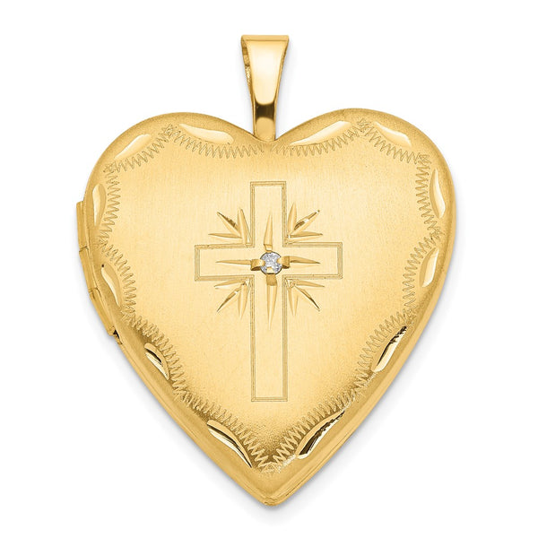 14ky 20mm Diamond Satin & D/C Cross Heart Locket