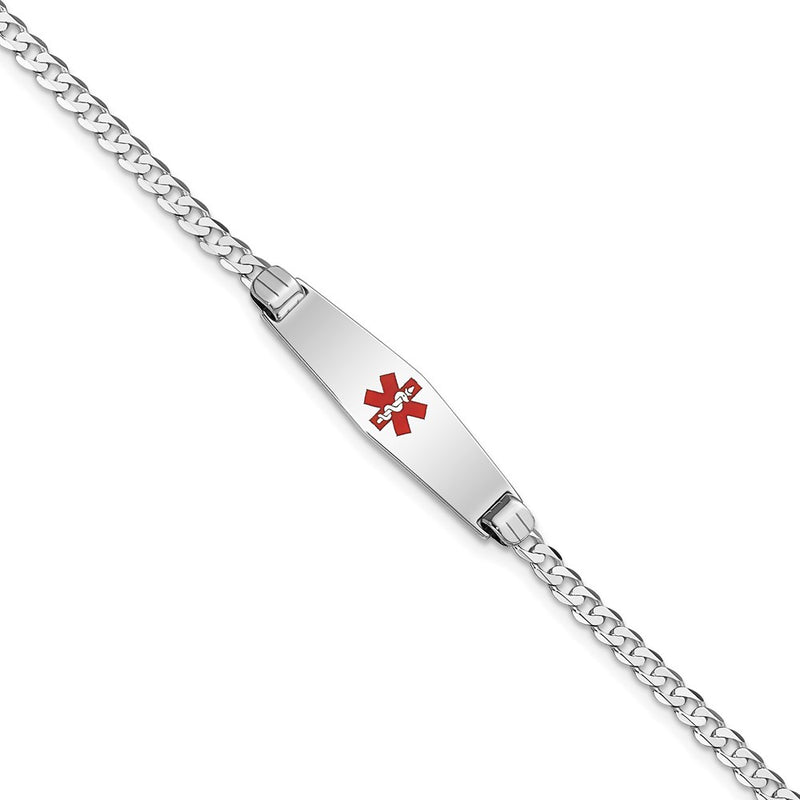 14K WG Medical Soft Diamond Shape Red Enamel Flat Curb Link ID Bracelet