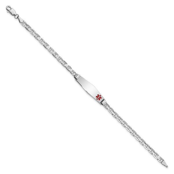 14K WG Medical Soft Diamond Shape Red Enamel Anchor Link ID Bracelet