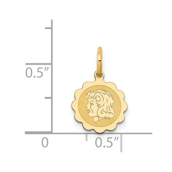 14k Girl Head on .009 Gauge Engravable Scalloped Disc Charm