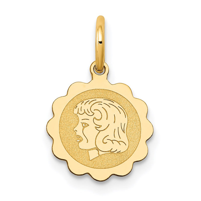 14k Girl Head on .009 Gauge Engravable Scalloped Disc Charm