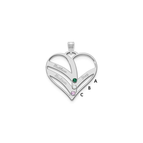 14KW 3-Name w/Birthstones w/18k Rhod-plated Bezel Cut Out Heart Pendant