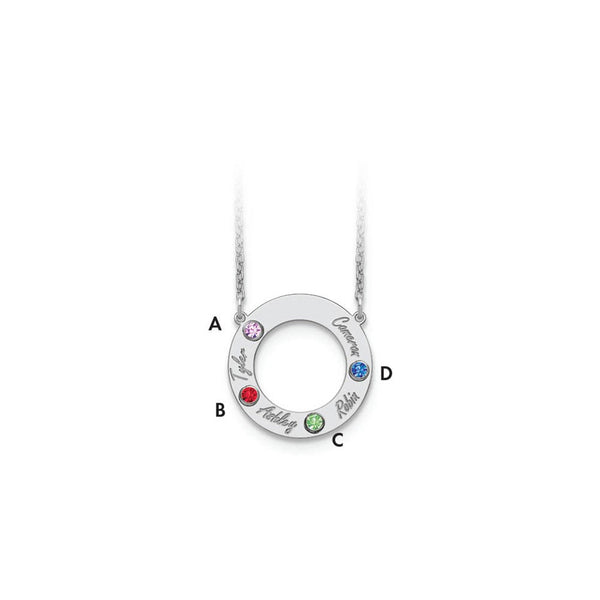 14KW 4 Name & Birthstone w/ 14k Rhodium Plated Bezel Circle Necklace