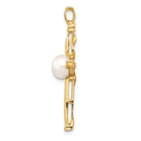 14K 6-7mm White Button FW Cultured Pearl .02ct Diamond Cross Pendant