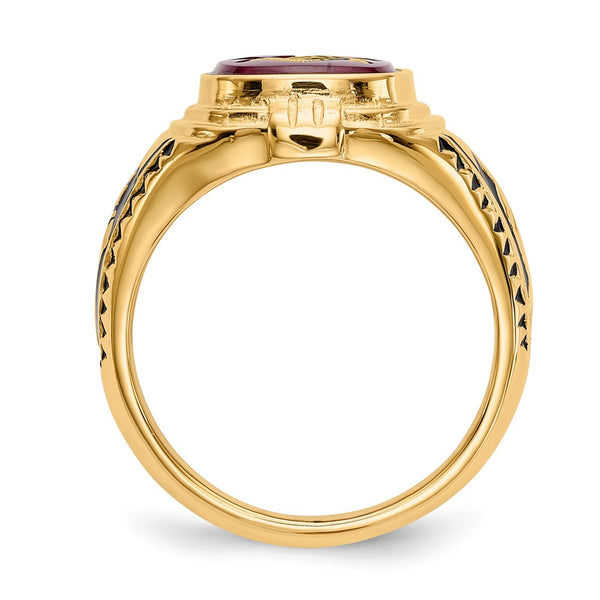 14k Men's Textured w/ Black Enamel & Lab Cr. Ruby Masonic Ring