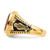 14k Men's Textured w/ Black Enamel & Lab Cr. Ruby Masonic Ring