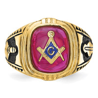 14k Men's Textured w/ Black Enamel & Lab Cr. Ruby Masonic Ring