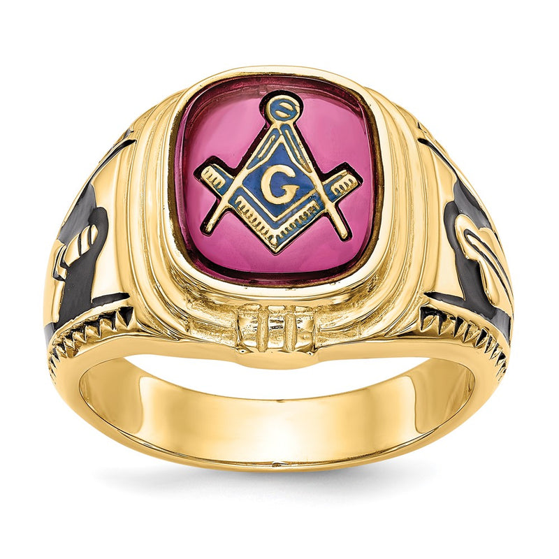 14k Men's Textured w/ Black Enamel & Lab Cr. Ruby Masonic Ring
