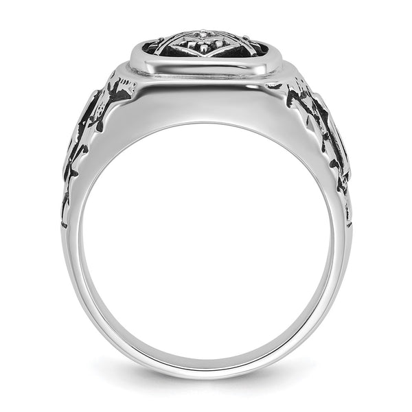 14kw Men's Antiqued Textured w/ Black Enamel & Diamond Masonic Ring
