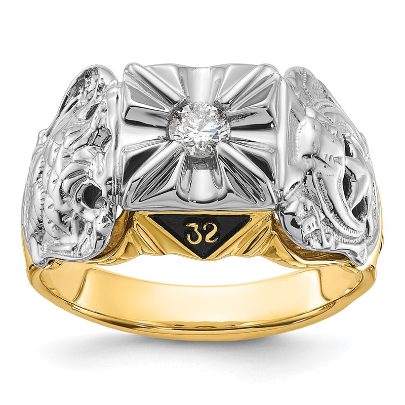 14tt Men's Textured w/ Black Enamel & Diamond Masonic Ring