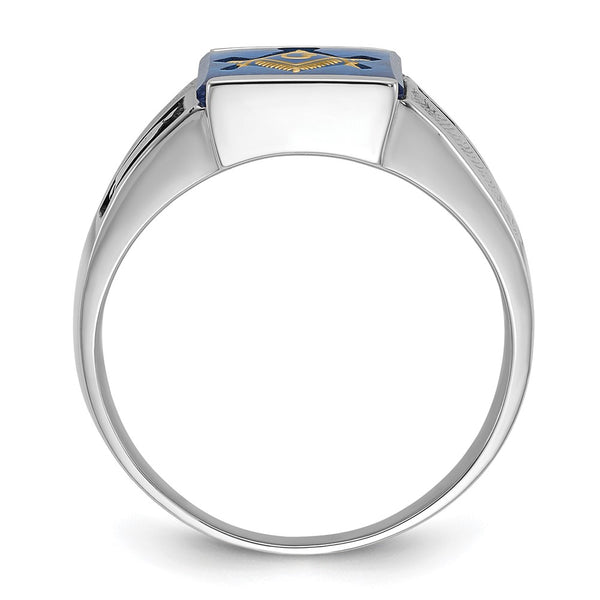 14kw Men's Textured w/ Black Enamel & Imit. Blue Spinel Masonic Ring