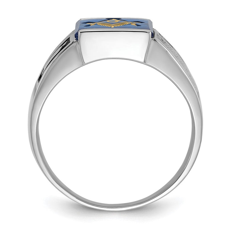 14kw Men's Textured w/ Black Enamel & Imit. Blue Spinel Masonic Ring