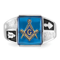14kw Men's Textured w/ Black Enamel & Imit. Blue Spinel Masonic Ring