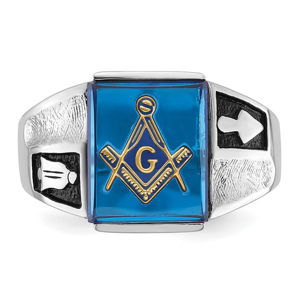 14kw Men's Textured w/ Black Enamel & Imit. Blue Spinel Masonic Ring