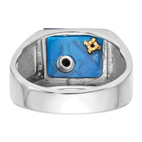 14kw Men's Textured, Enameled Dia Imit. Blue Spinel Masonic Ring