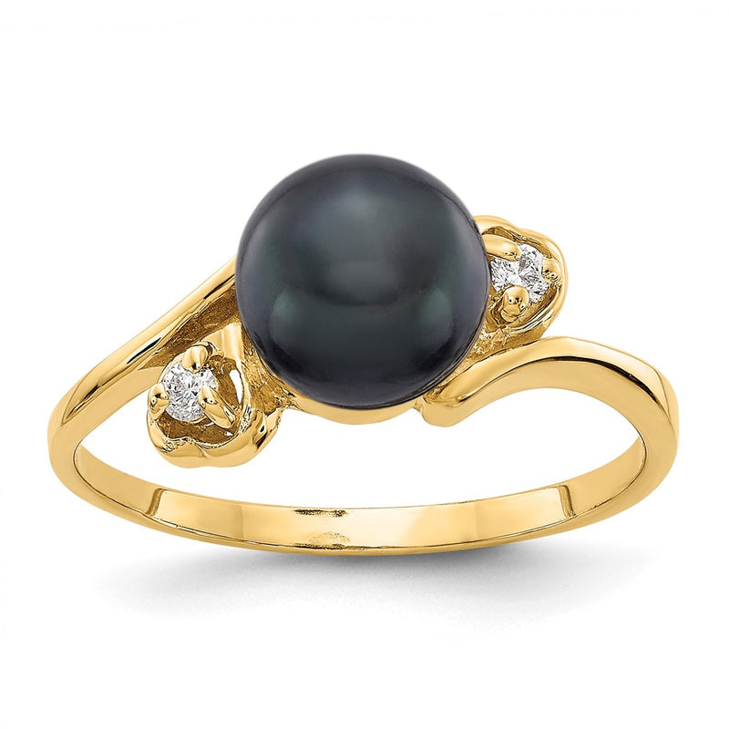 14k Gold 7mm Black FW Cultured Pearl VS Diamond ring