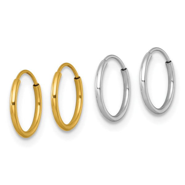 14k Two-tone Set of Two Pairs 1mm Endless Hoop Earrings